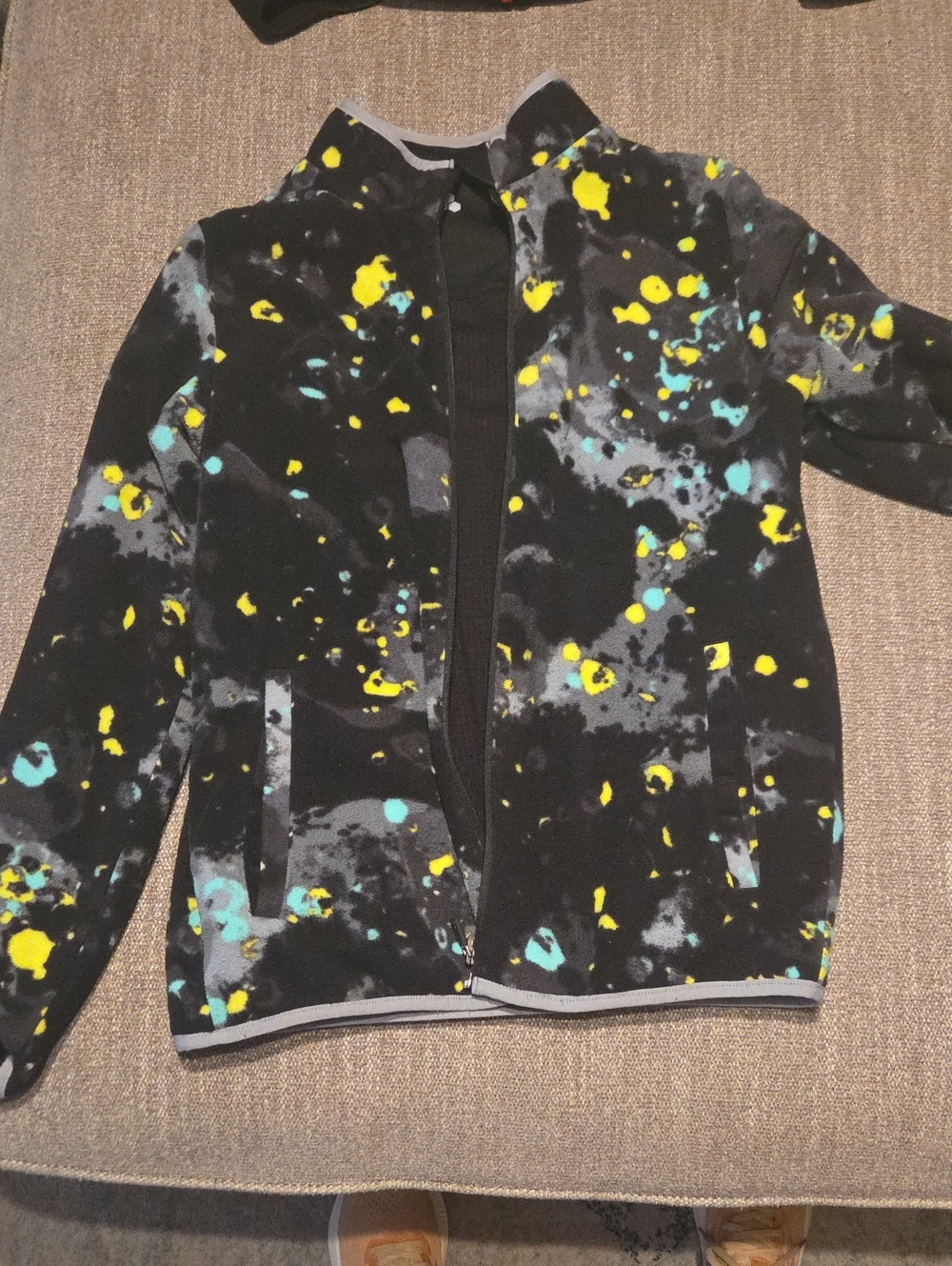 tek gear Black Fleece Jacket with Yellow & Teal Splatter REVERSIBLE
